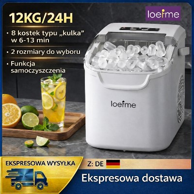 LOEFME Przenośna Kostkarka do Lodu 12kg24h Kostek Lodu 613 Min Samoczyszcząca LED Regulacją Rozmiaru Lodu Zbiornikiem Wody 08L