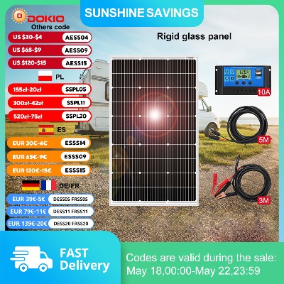 DOKIO 18V 100W Panele Solarny100W Monokrystaliczny Zestaw 100 Watów Fotowoltaiczny Wodoodporny Panel Ogniwowy Do KamperaDomuAkumulatora 12V