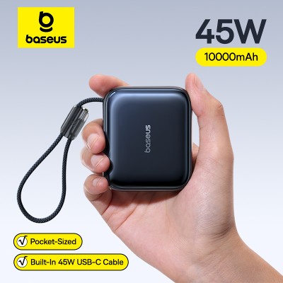 Baseus 45W Mini Power Bank 10000mAh wbudowanym kablem USBC kieszonkowy kompaktowy szybkie ładowanie przenośny do iPhone 17 Samsung S25
