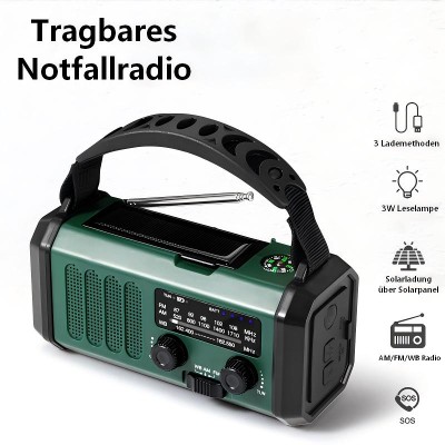 Radio korbką solarnym ładowaniem funkcją power banku 10000mAh radio awaryjne AMFMWB odbiorem światłowodowym latarką alarmem SOS kompasem przenośne