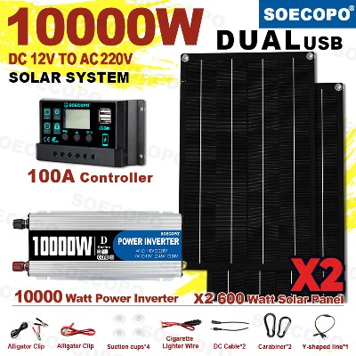 SOECOPO 10000W Kompletny Przenośny Zestaw Solarny DC 12V AC 110V220V Inwerter Kompletny Zestaw Solarny Dom RV Kontroler 100A Kemping
