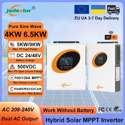 Jsdsolar 65KW 4KW Hybrydowy Inwerter Solarny 48V 24V 230V Off Grid Fotowoltaiczny Inwerter MPPT 120A 100A Ładowarka Solarna Czysta Sinusoida PV 500VDC WiFi RS232 RS485 CAN