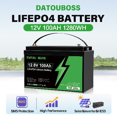 Datouboss Upgraded 12V 100Ah LiFePO4 Deep Cycle Battery Built in BMS High Performance for Solar Inverter HESS 1280Wh