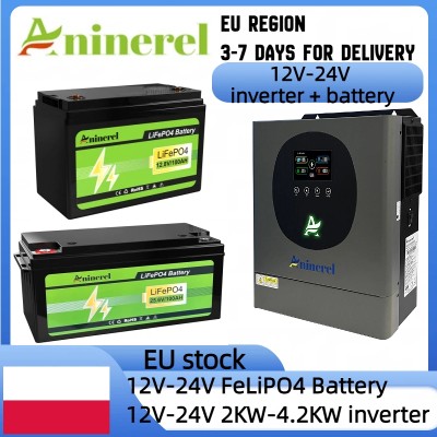 Aninerel EU STOCK 12V 24V Bateria LiFePO4 100AH 300AH 6000 Cykli BT Home 12V 2KW 24V 42KW Hybrydowy Inwerter Solarny OnOff Grid