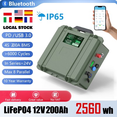 Akumulator LiFePO4 12V 200Ah 2560Wh Bluetooth BMS 140Ah 100Ah Akumulator do łodzi rybackiej 6000 cykli IP56 USB QC Ładowanie UE