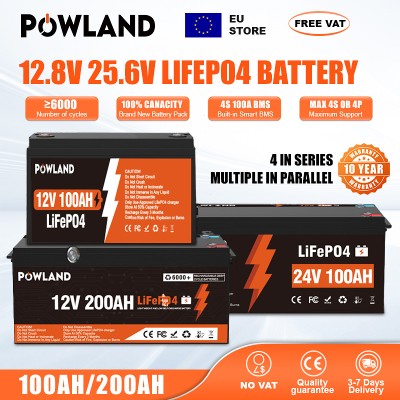 Akumulator LiFePO4 POWLAND 100Ah 200Ah 6000 cykli RV 12V 24V system magazynowania energii słonecznej łódź golf energia słoneczna kemping magazyn UE