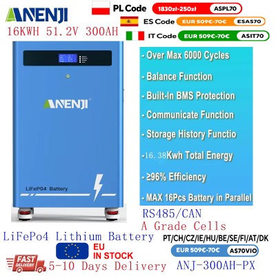 ANENJI 48V 300Ah 100AH Akumulator LiFePO4 15Kwh 5KWH 512V Bateria Litowa 6000 Cykli Bluetooth CANRS485 BMS EU Dostępny Magazynie