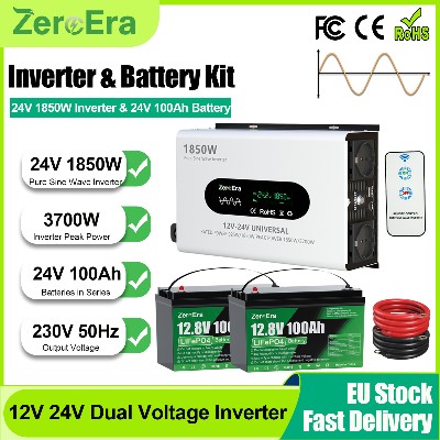 ZeroEra 3700W Szczytowa Moc 1850W Inwerter Sinusoidalny 24V DC na AC 230V 50Hz Konwerter Napięcia 24V 100Ah 2560Wh Bateria LiFePO4 Zewnętrzny Zestaw Zasilania Awaryjnego Dom RV OffGrid Magazynowanie
