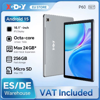 Tablet XGODY P60 Androidem 15 ekran 101 cala 2K procesor UNISOC T606 maksymalnie 24 GB RAM 256 GB ROM bateria 8000 mAh szybkie ładowanie 10 4G LTE GPS