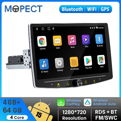 MOPECT 101 Single DIN 464GB Obrotowe Radio Samochodowe Android 15 Carplay GPS Navi MP5 Odtwarzacz Ekranem Dotykowym Bluetooth FM Autoradio DAB Kamera