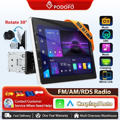 Podofo 101 Radio Samochodowe Obrotowym Ekranem Single Din Obsługa Bezprzewodowego Carplay Android Auto Radio FMAMRDS