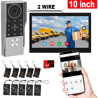 2przewodowy wideodomofon aplikacją Tuya odblokowywaniem kartą IC PIN kamera domowa 1080P obsługa 5G Wifi inteligentny system wideodomofonowy 10calowym ekranem