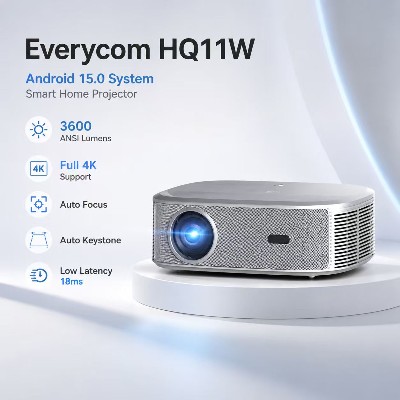 Projektor Everycom HQ11W 3600 ANSI 4K Full HD 1080P HDR10 Android 15 3G64G automatycznym ustawianiem ostrości ultra niskim poziomem hałasu 15dB projektor do kina domowego