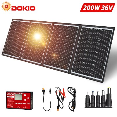 DOKIO 36V 200W Przenośny panel słoneczny Składane panele 300W kontrolerem 10A 24V do podróży telefonu zestawu układu słonecznego łodzi