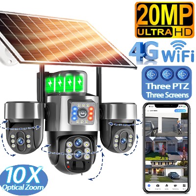 Kamera solarna 4G obiektywami 20 MP 10krotny zoom optyczny 3osiowy PTZ zewnętrzna WiFi trzy ekrany automatyczne śledzenie kamery monitoringu WiFi V380 Pro
