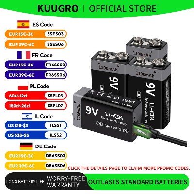 Akumulator USB 9V Kuugro 1100mAh ładowany przez TypeC akumulator litowojonowy 6F22 9V do helikopterów RC multimetrów zabawek