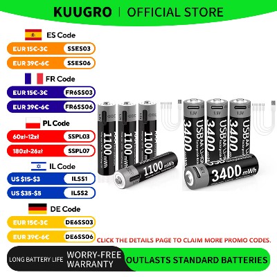 Akumulatory litowojonowe Kuugro AAA AA ładowane przez USB litowojonowe 3400mWh 15V akumulatory AA 1100mWh 15V akumulator AAA