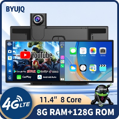 BYUJQ 114calowy 4G Android 14 Carplay Kamera samochodowa funkcją wideorejestratora montowana lusterku wstecznym 8G128G bezprzewodowy Car Play Android Auto dzielony ekran ADAS DVR