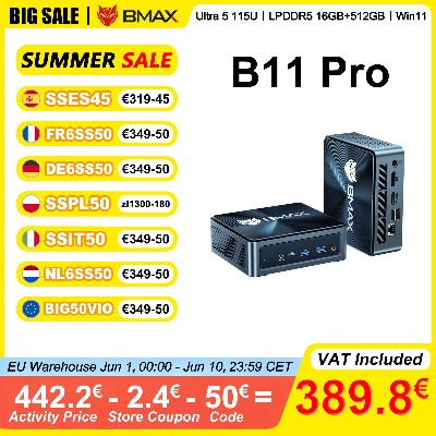 BMAX B11 Pro Mini PC Intel Ultra 115U 16GB LPDDR5 4400MHz RAM 512GB SSD Windows 11 WiFi Bluetooth 52 USB HDMI TypeC