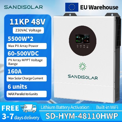 SANDISOLAR 11KW 48V Hybrydowy Inwerter Solarny 160A MPPT 500VDC Podwójne Wyjście Czysta Sinusoida Inwerter Off Grid WiFi Możliwość Połączenia Paralelę