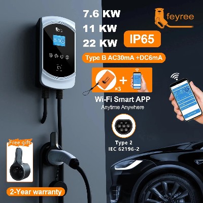 feyree Ładowarka EV 32A 22KW 3Phase 11KW 16A Ładowarka samochodowa EVSE Wallbox 76KW 32A Type2 Kabel IEC621962 Gniazdo APP Control