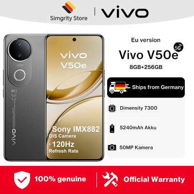 Smartfon vivo V50e 5G GB 256 GB wersja europejska wyświetlacz AMOLED 677 cala 120 Hz procesor MediaTek Dimensity 7300 przedni tylny aparat 50 MP podświetlenie Aura Light bateria 5140 mAh