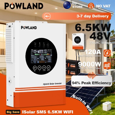 POWLAND 62KW Hybrydowy falownik MPPT 48V 220V Max PV 500VDC 6500W Wejście 120A Ładowarka słoneczna BMS Obsługa równoległa 12szt WIFI