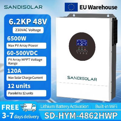SANDISOLAR 62KW 48V Hybrydowy Inwerter Solarny 120A MPPT 220V Wyjście Off Grid On Grid Czysta Sinusoida Ładowarka Solarna Obsługa Paralelnego Połączenia