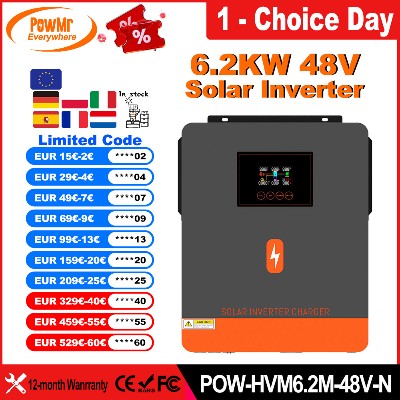 PowMr 62KW EU Hybrydowe Inwertery Solarnie 48V do Czysta Sinusoida Wbudowanym Kontrolerem Ładowania Solarnego MPPT 120A dla Paneli Fotowoltaicznych 55500V