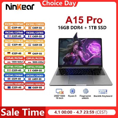 Laptop Ninkear A15 Pro 16GB 1TB AMD Ryzen 16 cali 120Hz Ekran 25601600 Odcisk Palca do Odblokowania Komputer Przenośny
