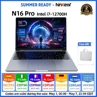 Laptop Ninkear N16 Pro 16 Cali Ekran 25K 120Hz Intel Core i712700H 16GB RAM 1TB SSD WiFi Windows 11 Pro Notebook Gaming do Biura Student Multimedia