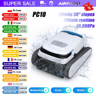 Robot Czyszczący Basen Bezprzewodowy AIRROBO PC10 Mocne ssanie 45000Pa Inteligentna Nawigacja Wspinaczka po Ścianach Tryby Czyszczenia Kosz na Zanieczyszczenia 4L Bateria 5200mAh Czas Pracy 120min