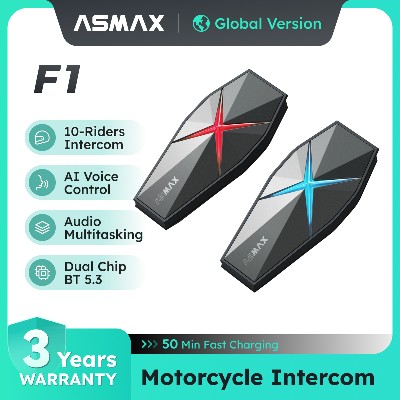 ASMAX F1 Mesh Interkom Motocyklowy AI Voice Głośniki HD 40mm Bateria 1250mAh Profesjonalny System Komunikacji Kasku Wersja Globalna Udostępnianie muzyki