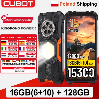 Wysyłka Polski Wytrzymały smartfon CUBOT KingKong Power Android 15 15300mAh 688 16GB RAM 610 128GB ROM Latarka Kempingowa