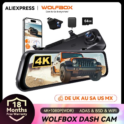 WOLFBOX G850 PRO 4K WIFI Mirror Dash Cam ADAS BSD 58GHz WiFi Voice Control Car DVR Rearview Mirror 12inch