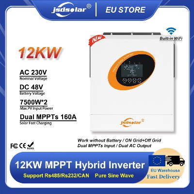 12KW Hybrid Solar Inverter 220VAC High Power OffOn Grid Inverter Pure Sine Wave 48VDC Battery Dual PV Input Builtin 160A MPPT