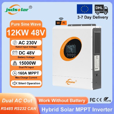 Jsdsolar 12KW 48V Hybrydowy Inwerter Solarny 230VAC Dual MPPT 160A Czysta Sinusoida Inwerter PV Podwójne Wyjście AC WiFi Inwerter Off Grid