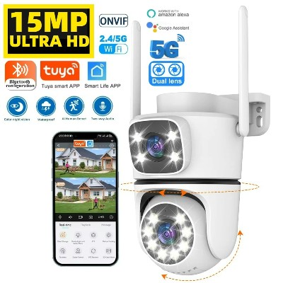 Kamera IP 12MP 15MP Tuya UHD podwójnym obiektywem 5G Wifi PTZ zewnętrzna wodoodporna 6K do monitoringu domu kolorowym trybem nocnym