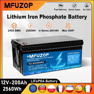 Akumulator MFUZOP 2560Wh 12V 200Ah LiFePO4 inteligentnym systemem BMS do zastosowań solarnych kamperach połączenie szeregowo równolegle 4P4S bez VAT