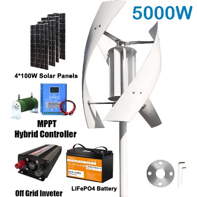 Kompletny zestaw generatora turbin wiatrowych 5KW do użytku domowego 12V 24V 48V Wiatrak 220V Inwerter wyjściowy kontrolerem Panele słoneczne Bateria