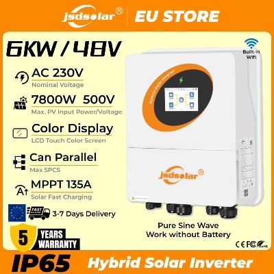 jsdsolar 6KW 48V OnOff Grid IP65 Hybrid Solar Inverter Smart Cooling Parallel Dual MPPT 135A 230VAC Builtin WiFi PV 500V 7800W