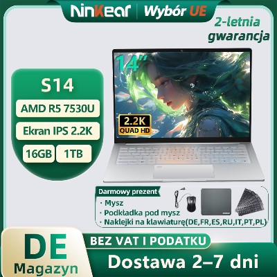 Laptop Ninkear S14 jest wyposażony procesor AMD Ryzen 7530U 14calowy ekran 16 GB pamięci LPDDR5 dysk SSD pojemności TB obsługuje WiFi rozpoznaje odciski palców ma preinstalowany