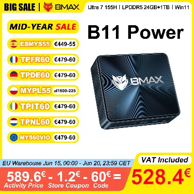 BMAX B11 Power Mini PC Intel Core Ultra 155H 24 GB LPDDR5 4400MHz RAM TB SSD Windows 11 Pro WiFi Bluetooth 52 HDMI typu