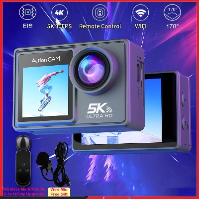 Kamera sportowa 5K 4K60FPS podwójnym ekranem dotykowym IPS stabilizacją obrazu EIS 170 stopni Kamera sportowa DVR 30M wodoodporna 5krotnym zoomem bezprzewodowym mikrofonem funkcją
