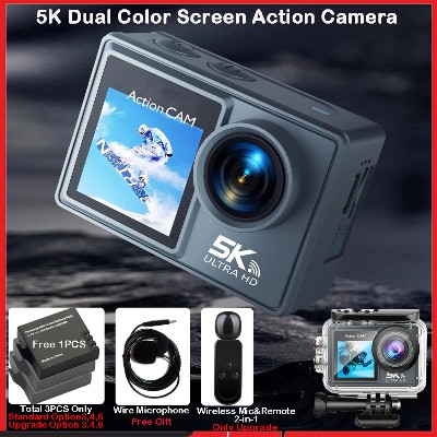 Kamera sportowa 5K 4K60FPS podwójnym ekranem dotykowym IPS rejestratorem DVR stabilizacją obrazu EIS 170 stopni Wodoodporna kamera sportowa 30M 5krotnym zoomem bezprzewodowym mikrofonem