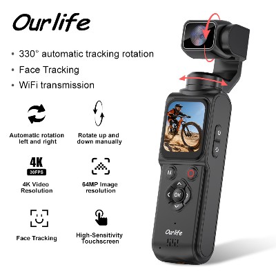 Kamera sportowa Ourlife 4K 330 Stabilizator Gimbal funkcją śledzenia twarzy 172calowy ekran dotykowy 64MP kieszonkowy aparat cyfrowy WiFi kamera sportowa