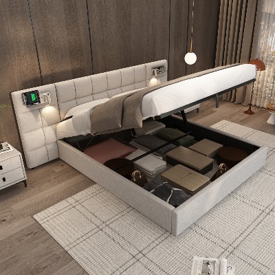 Łóżko tapicerowane 180 200 cm łóżko hydrauliczne portem USB ładowaniem bezprzewodowym lampką drewnianym podnóżkiem lniane