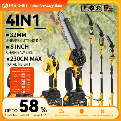 MELLWIN Bezszczotkowy Zestaw 4w1 Teleskopowa Słupała Piła Łańcuchowa 8calowa Sekator 32MM Narzędzie do Przycinania Ogrodu Kompatybilne Akumulatorami Makita 18V