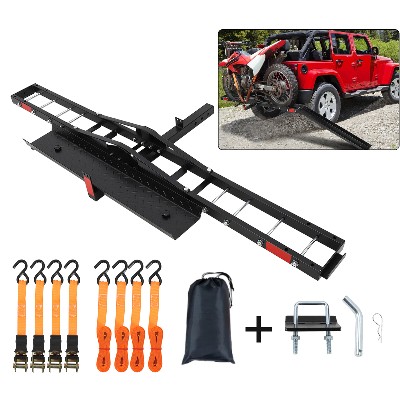 Uchwyt do przewozu motocykla na zaczep holowniczy udźwig 227 kg stalowy bagażnik na zaczep rampą 197 cm pasami mocującymi do motocykli rowerów elektrycznych