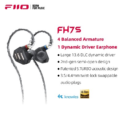 Słuchawki douszne FiiO FH7S Wysokowydajne słuchawki douszne IEM technologią hybrydową 1DD4BA wtyczką 3544 mm